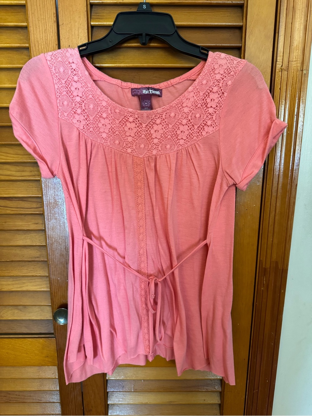 Epic Threads Coral Pink Crochet Yoke Tie-Waist Blouse